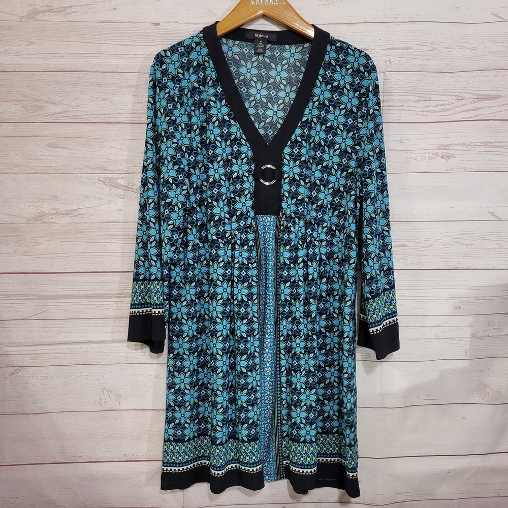 Style & Co Tunic Top Womens XL Blue Floral V Neck 3/4 Sleeve Stretch Boho Whimsy